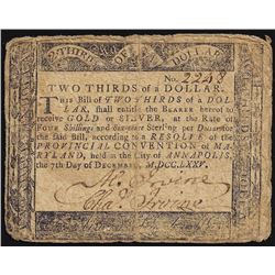 December 7, 1775 $2/3 Maryland Colonial Currency Note