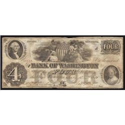 1850s $4 The Bank of Washington Obsolete Bank Note