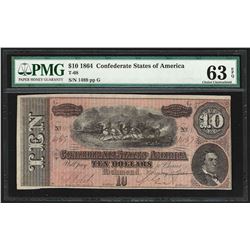 1864 $10 The Confederate States of America Note T-68 PMG Choice Uncirculated 63E