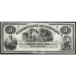 1800's $3 The Citizens Bank of Louisiana New Orleans Obsolete Note
