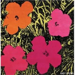 ANDY WARHOL (1928-1987) FLOWERS EMBROIDERED WITH ARTIST'S SIGNATURE LOWER RIGHT AND AGAIN ON A LA...