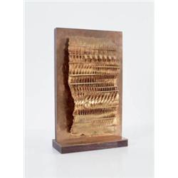 ARNOLDO POMODORO (B. 1926) FOGLIO V BRONZE RELIEF WITH GOLD PATINA MOUNTED ON WOOD 131/2 X 81/4 X...