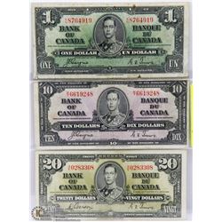 LOT OF CANADIAN 1937 BILLS INCL $1.00, $10.00 &