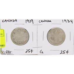 LOT W/ 1919 & 1934 CANADIAN 25 CENT COINS