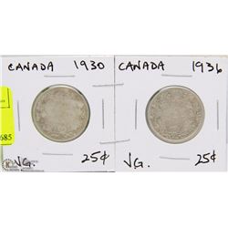 LOT W/ 1930 & 1936 CANADIAN 25 CENT COINS