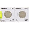 Image 1 : LOT W/ 1930 & 1936 CANADIAN 25 CENT COINS