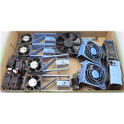 BOX OF COMPUTER FANS,  2 SATA CABLES