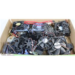 BOX OF COMPUTER FANS, SATA CABLES AND MORE