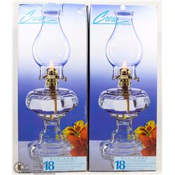 LOT OF TWO 18" OIL  LAMPS WITH CHIMNEYS IN BOXES