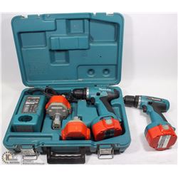 2 MAKITA 3/8" DRILLS WITH 4 BATTERIES, CHARGER AND