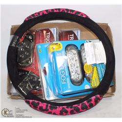 FLAT OF ASSORTED AUTOMOTIVE ACCESSORIES, FOG