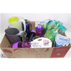 LARGE BOX OF WATER BOTTLES, PITCHERS, DRINKING