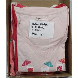 FLAT OF LADIES VARIOUS CLOTHES, 4 TSHIRTS , PANTS,