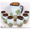 Image 1 : 7 PIECE HAND PAINTED CLAY PITCHER AND CUPS