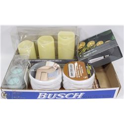 FLAT OF MISC CANDLES , SOLAR LIGHTS AND FURNITURE