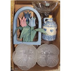 #43-ASSORTED GLASSWARE AND WOOD FOLK ART DECOR