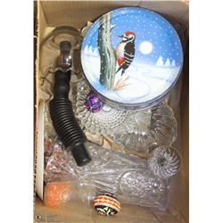 #44- ASSORTED GLASSWARE, DUCK CALL. PYSANKAS