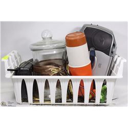 #49- RADIO CD, COOKIE JAR, THERMOS , TRIVETS ETC