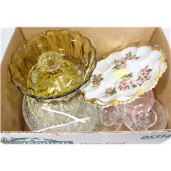 ESTATE BOX W/ LEAD CRYSTAL CANDLE HOLDERS, AMBER