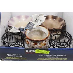BOX OF POTTERY AND CERAMIC PLANTERS AND CANDLE BAS