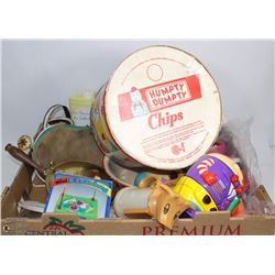 LARGE FLAT OF VINTAGE ITEMS WINE SKIN