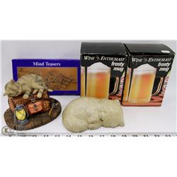 FLAT OF DECORATIVE CAT ITEMS, MIND TEASER GAME, &
