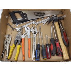 FLAT OF HAND TOOLS INCL VICE GRIPS, SAW, HAMMERS