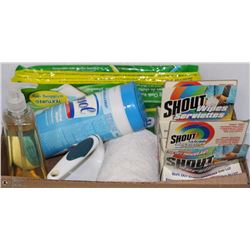 BOX OF CLEANING SUPPLIES INCL. SHOUT LYSOL WIPES
