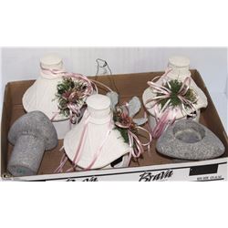 BOX WITH CERAMIC BIRD HUTS AND GARDEN ORNAMENTS