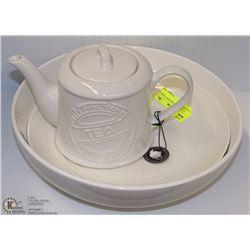 2 LARGE STONEWARE WHITE BOWLS AND TEAPOT