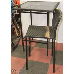 OUTDOOR PATIO TABLE WICKER AND GLASS W/ ONE CHAIR