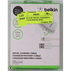 BELKIN LOW SWIVEL CHARGER & CABLE FOR IPHONE, IPOD