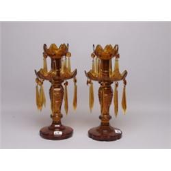 Pair Victorian Cut Amber Crystal Lusters