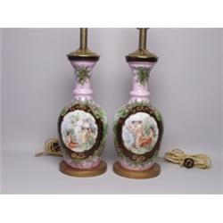 Pr 19th C Painted & Decorated Glass Lamps