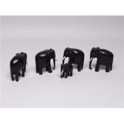 Four Old Carved Ebony Elephants & Baby