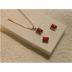 NECKLACE & EARRING 3PC SET - 4TCW EMERALD CUT RUBYS - RICH DEEP RED PURPLE IN STAMPED 925 STERLING S