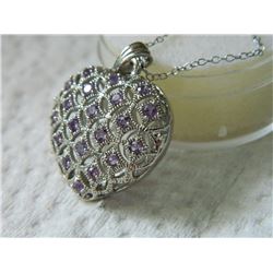 NECKLACE - 20 ROUND FACETED AMETHYST IN STERLING SILVER 3D HEART SETTING - RETAIL ESTIMATE $350