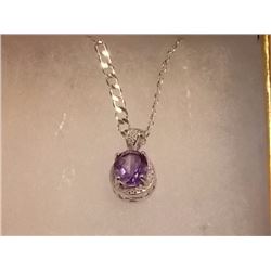 NECKLACE - 3.5CT OVAL FACETED AMETHYST & DIAMOND IN STERLING SILVER SETTING - INLCUDES CERTIFICATE $