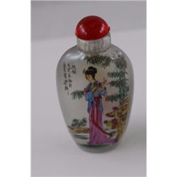 SNUFF BOTTLE - HAND PAINTED - WITH LID LADY PINK DRESS