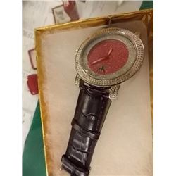 WATCH - NEW DIAMOND KING WATCH SET WITH 6 BRILLIANT DIAMONDS, RED FACE & LEATHER STRAP - RETAIL ESTI