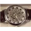 Image 2 : WATCH - NEW 2 SIDED SKELETON WATCH W/ LEATHER STRAP - WORKING - SILVER TONE
