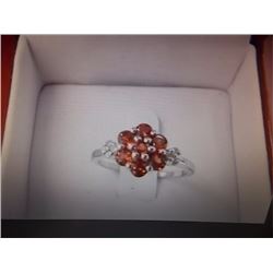 RING - GARNET CLUSTER & 8 TTL DIAMONDS IN STERLING SILVER SETTING - INCLUDES CERTIFICATE $550