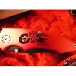 CLIP ON POCKET KNIFE -NEW - RED WITH FLAMES & BIKE - 3" BLADE