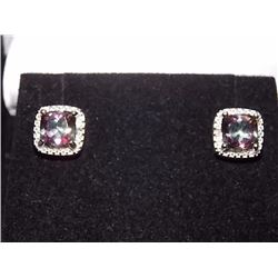 EARRINGS- NEW 2 CTW PRINCESS FACETED MYSTIC TOPAZ & DIAMOND IN STERLING SILVER SETTINGS - INCLUDES C