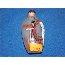SNUFF BOTTLE - HAND PAINTED - WITH LID - LADY WITH RED & BLUE DRESS