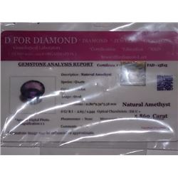 GEMSTONE - CERTIFIED 5.86CT VIOLET COLOR NATURAL AMETHYST  - OVAL FACETED - INCLUDES GEMSTONE ANALYS