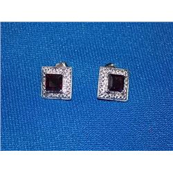 EARRINGS - NEW PRINCESS FACETED RICH DEEP RED/BROWN GARNETS & DIAMONDS IN STERLING SILVER SETTING - 