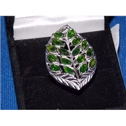 RING - 2.24TCW  - MULTIPLE BRILIANT GREEN CHROME DIOPSIDE GEMSTONES IN STERLING SILVER LEAF DESIGNED