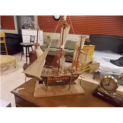 WOOD SHIP MODEL WIITH CANVAS SAILS - 27" X 24" TALL