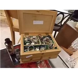 WOOD JEWELRY BOX & CONTENTS